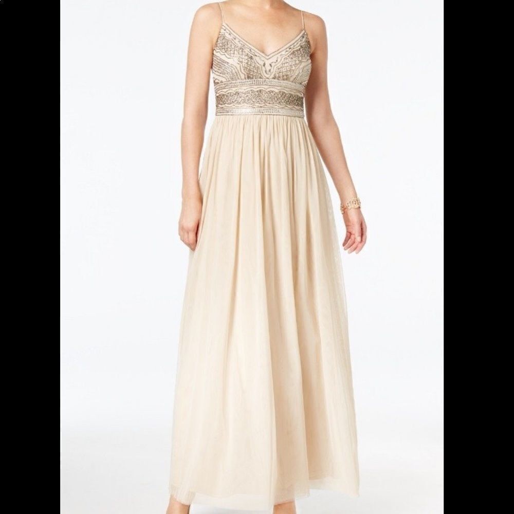Altar’d State Maxi Cream Gold Prom Dress Sequin Beaded Summer Wedding Formal